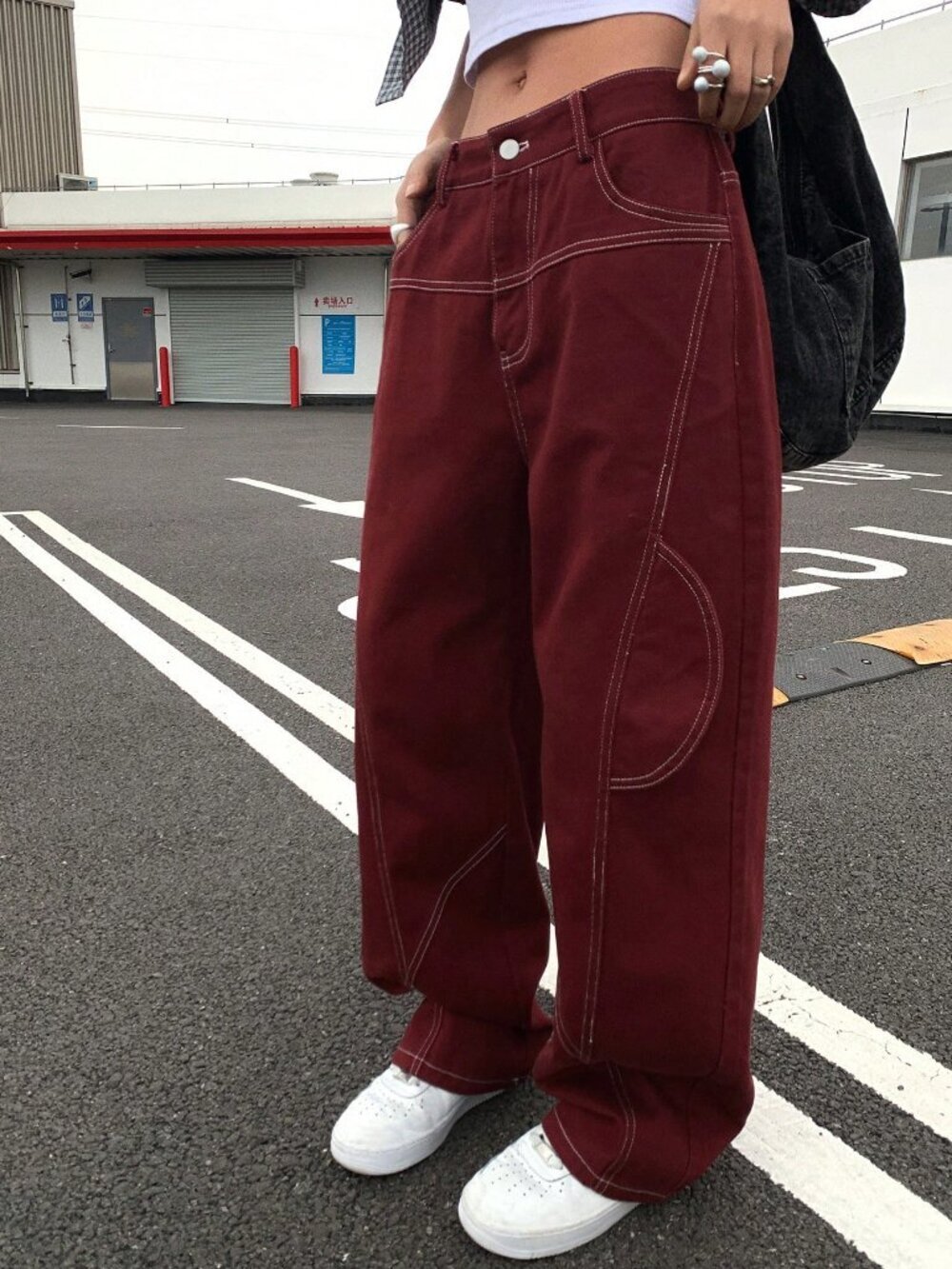 Burgundy Casual Women's Loose Fit Cargo Jeans Y2k - Picture 7 of 10